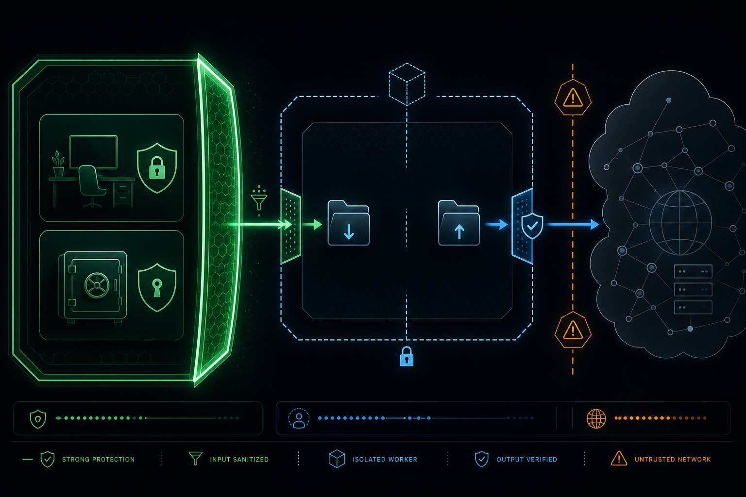Illustration showing a protected private workspace, a separate isolated worker with sanitized input and verified output, and an untrusted public network separated by a caution boundary.