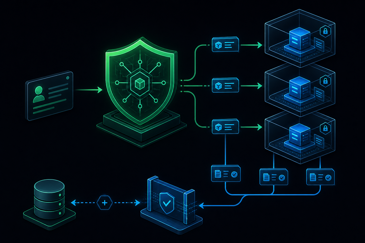 Illustration of a trusted policy controller routing narrowly scoped task packets to isolated worker sandboxes, then returning artifacts through a verification gate.